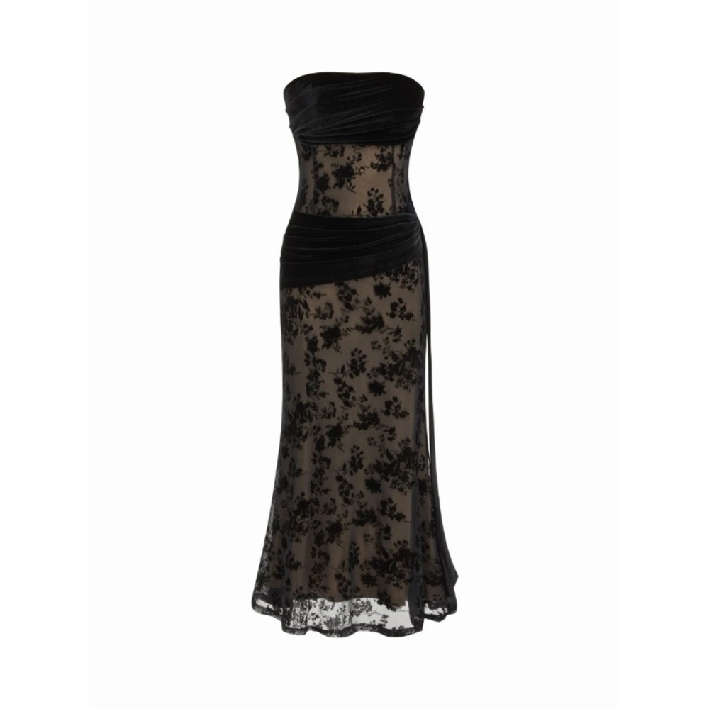 Cider Velvet Floral Lace Ruched Bandeau Maxi Mermaid Dress Gothic Fairy Grunge M